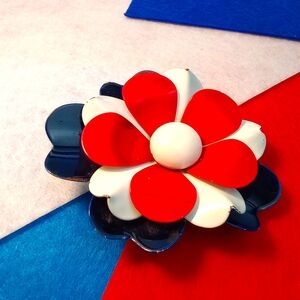 Vintage Red White and Blue Flower Brooch Pin Fat Petal Patriotic